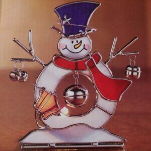 Vintage Holiday Home Accents Snowman Stained Glass Tea Light Candle Holder NWT